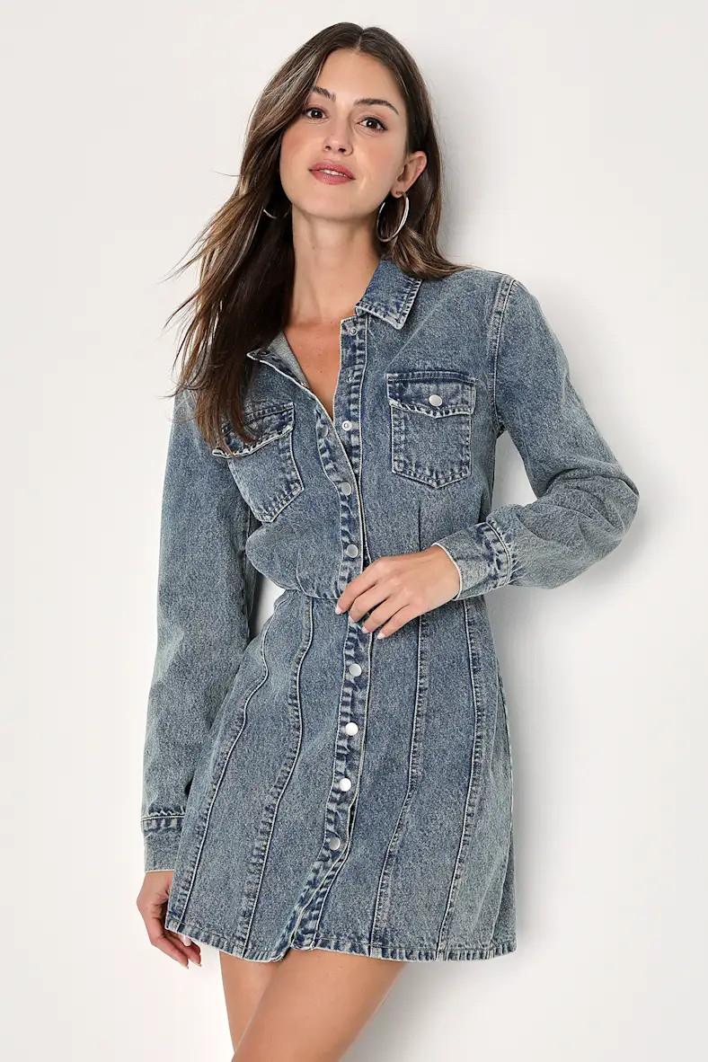 Trendy Approach Medium Wash Button-Front Long Sleeve Denim Dress | Lulus (US)