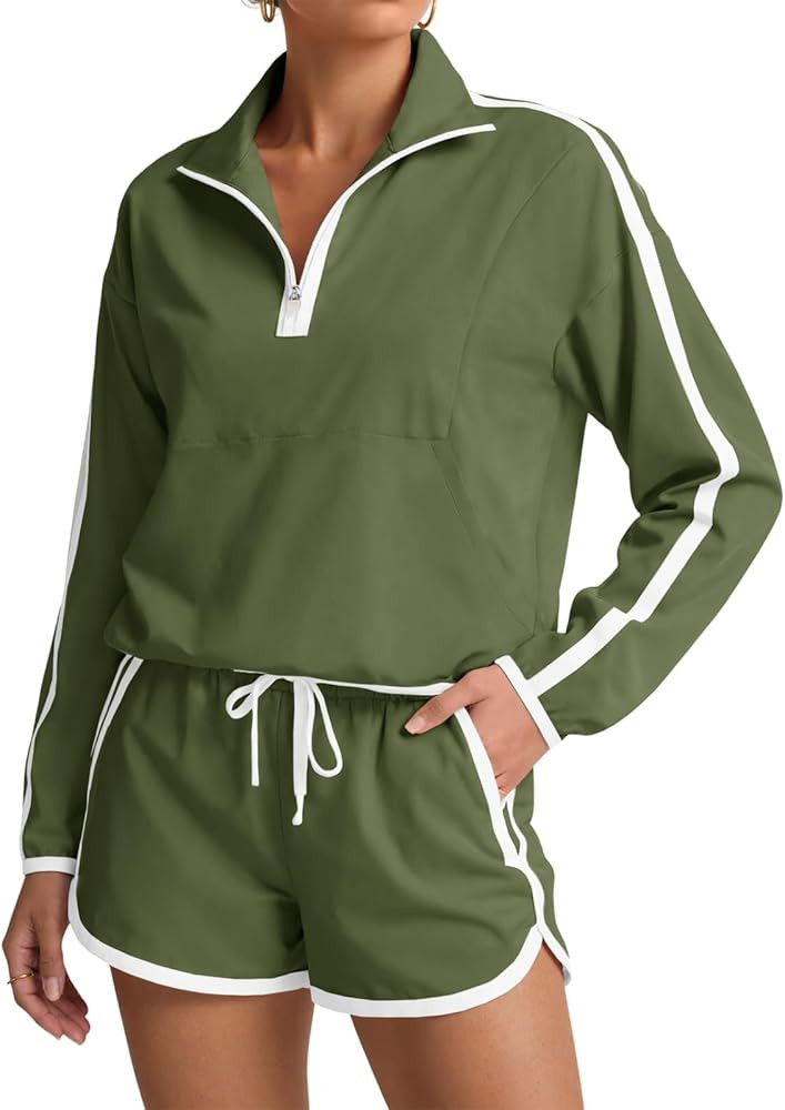 Fisoew Womens 2 Piece Outfits UPF 50+ Lightweight Windbreaker Jacket Athletic Short Sets Outdoor ... | Amazon (US)