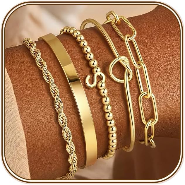 Turandoss 14K Gold Plated Bracelet for Women Trendy, Dainty 5PCS Initial A-Z Beaded Stretch Letter Chunky Bracelet Jewelry Personalized Gifts for Women | Amazon (US)