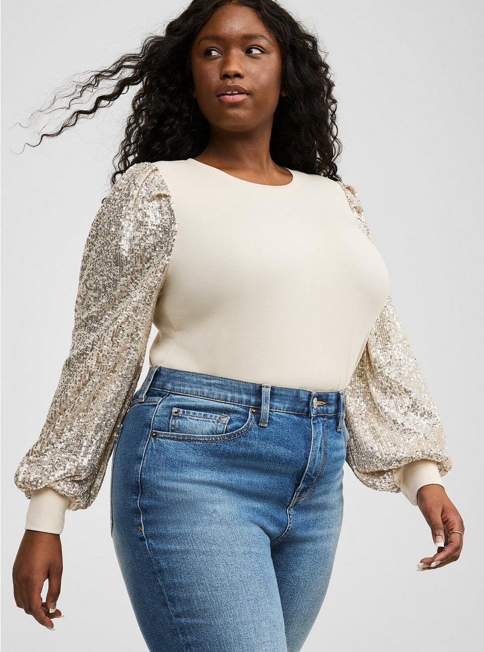 Rib Crew Neck Sequin Long Sleeve Top | Torrid (US & Canada)