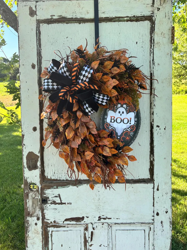 Halloween Wreath, Black and Orange Fall Wreath, Ghost Door Wreath, Front Door Halloween Decor, Bo... | Etsy (Global)