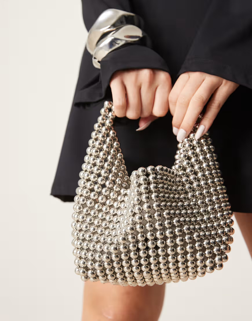 ASOS DESIGN beaded scoop grab bag in silver | ASOS (Global)