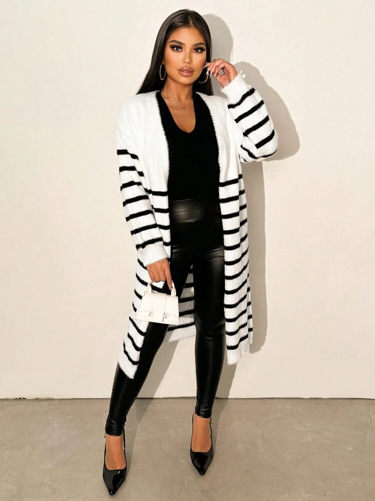Zolique Striped Print Fluffy Casual Long Sleeve Mid Length Coat | SHEIN