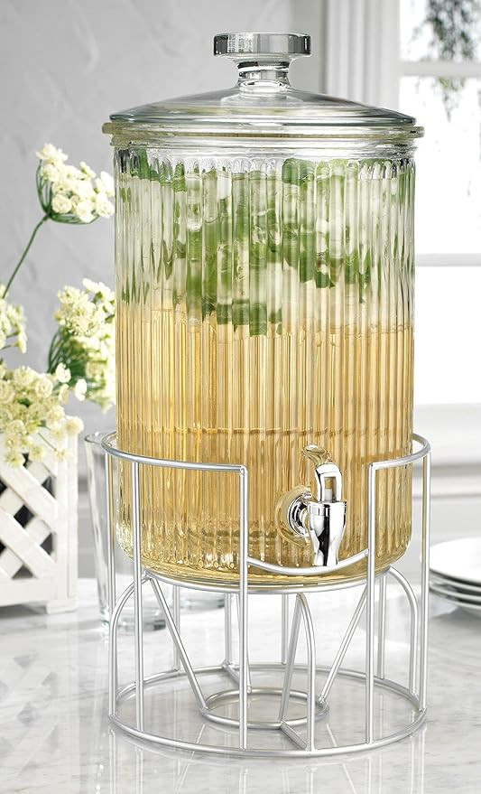 Modern Ribbed 2 Gallon Ice Cold Clear Glass Beverage Drink Dispenser With Lid & Metal Stand Wide ... | Amazon (US)