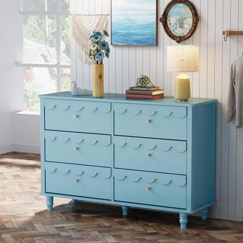 Anbuy 6 Drawer Dresser for Bedroom Blue, Modern Wide Chest of Drawers, Scalloped Organizer Storage with Drawers, Fluted Petal Pattern Large Storage Cabinet for Bedroom, Living Room, Porch | Amazon (US)