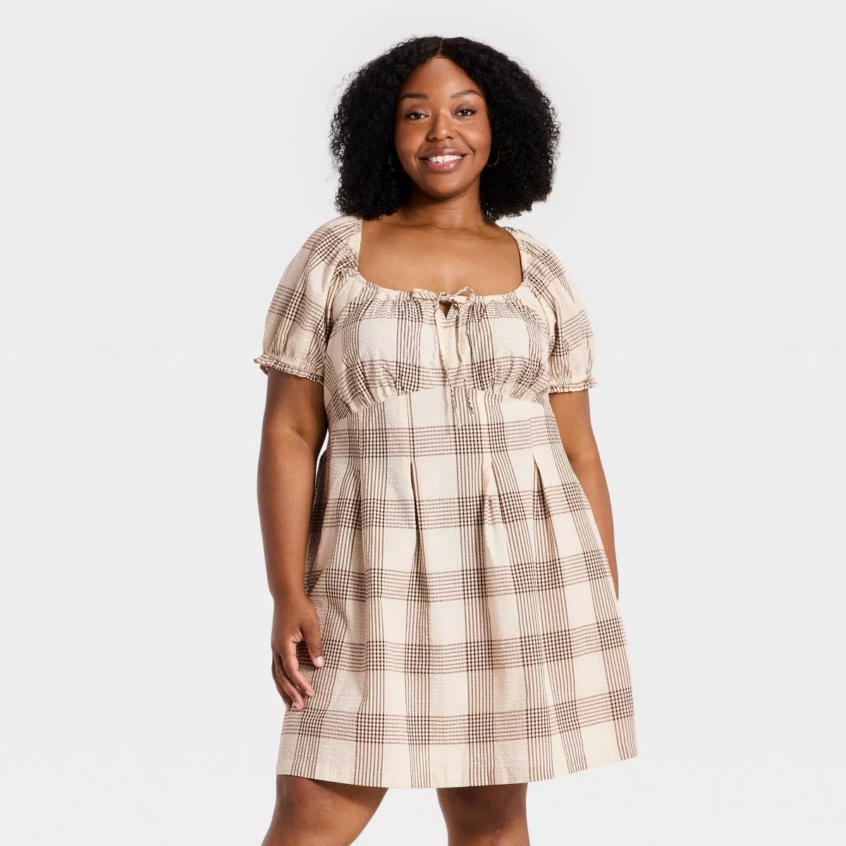 Women's Plus Short Sleeve Front Tie Plaid Mini Dress - Ava & Viv™ Brown 1X | Target