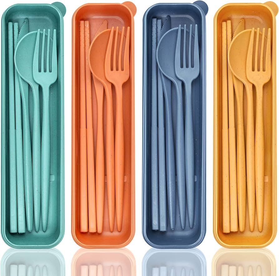 Reusable Travel Utensils with Case, 4 Sets Wheat Straw Portable Cutlery Set Chopsticks Knives For... | Amazon (US)