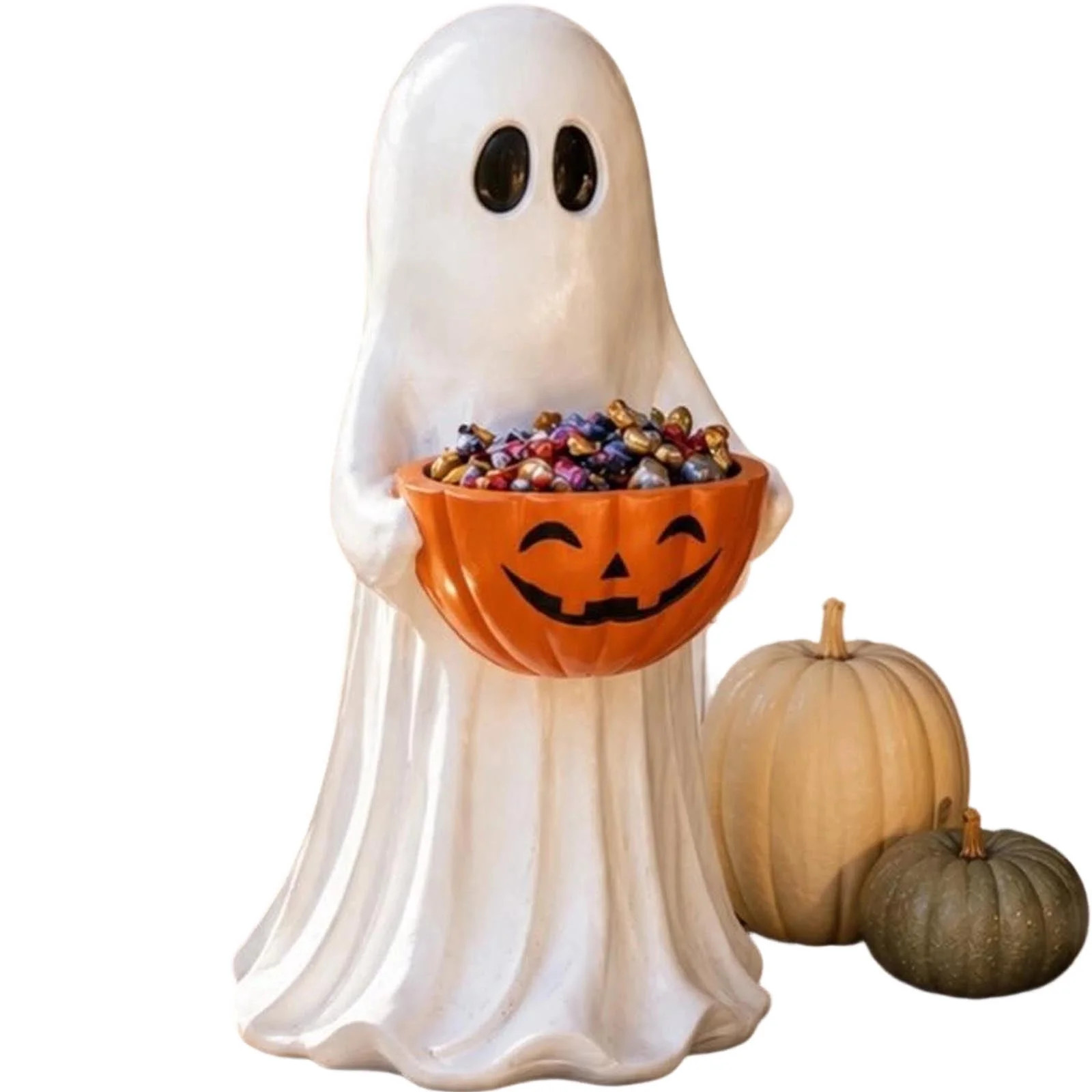 11.8 inch Outdoor White Safe Ghost with Jack-o'-Lantern Bowl, Safe Halloween Ghost Figurine With Pumpkin Candy Bowl, Front Porch and Yard Statue, Indoor Outdoor Decorative Ghost for Treats and Decor | Walmart (US)