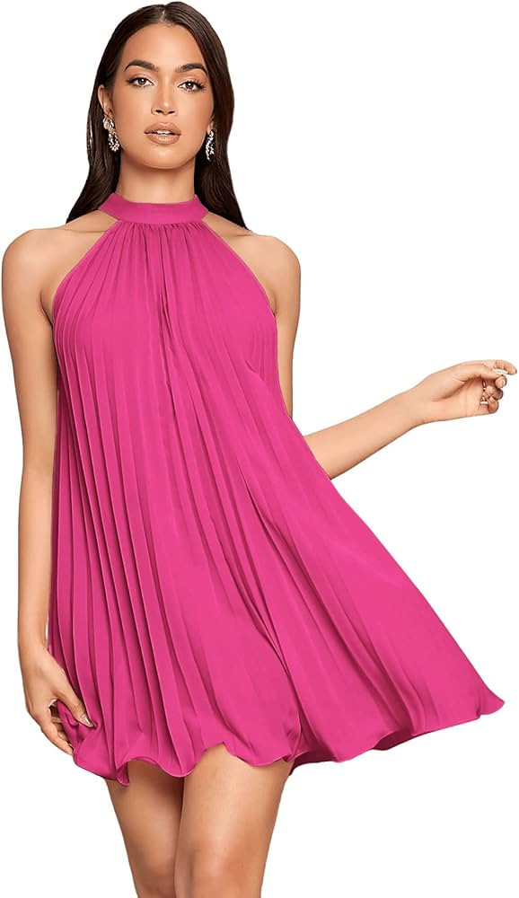 SweatyRocks Women's Casual Sleeveless Tie Back Halter Dress Mini Swing Pleated A-line Loose Dress | Amazon (US)