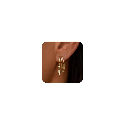 Dangle Earrings for Women,14k Gold Plated Triple Huggie Stud Earrings Cute Statement Chain Earrin... | Amazon (US)