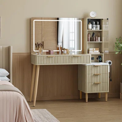 Fluted Vanity Desk with 36" Large Mirror and Lights, Modern Wood Makeup Vanity Desk with 5 Drawers and Adjustable Shelves, Glass Tabletop & Charging S | Wayfair North America