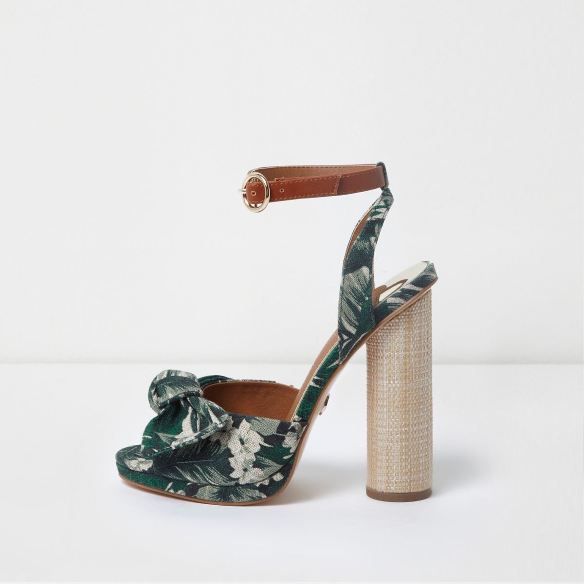 River Island Womens Green tropical bow front block heel sandals | River Island (UK & IE)