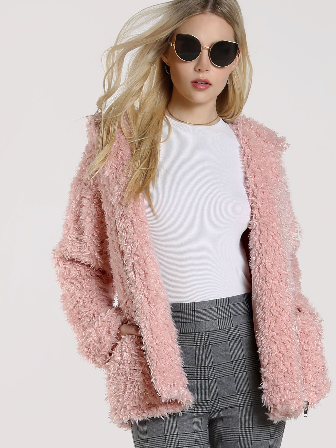 Zip Up Fuzzy Hooded Coat | SHEIN