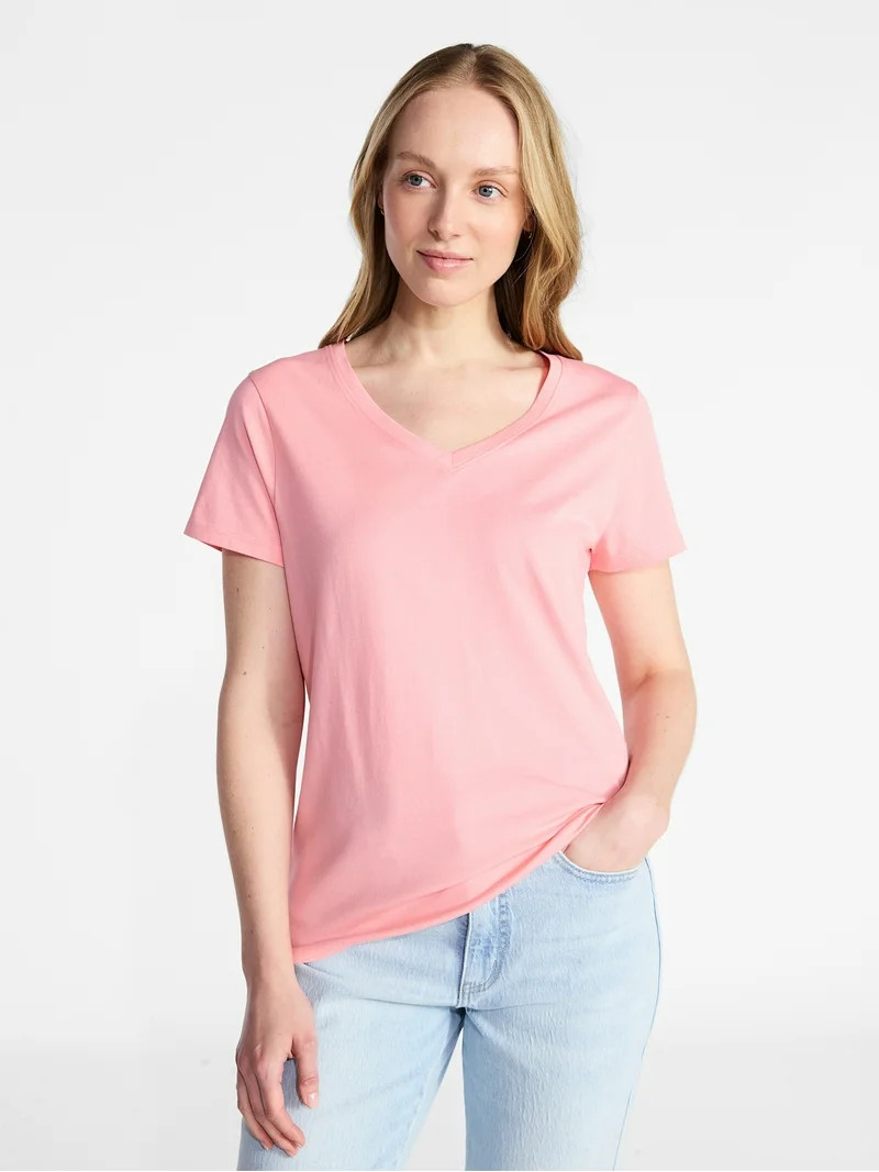 Time and Tru Women's Cotton V-Neck Tee with Short Sleeves, Sizes XS-XXXL | Walmart (US)