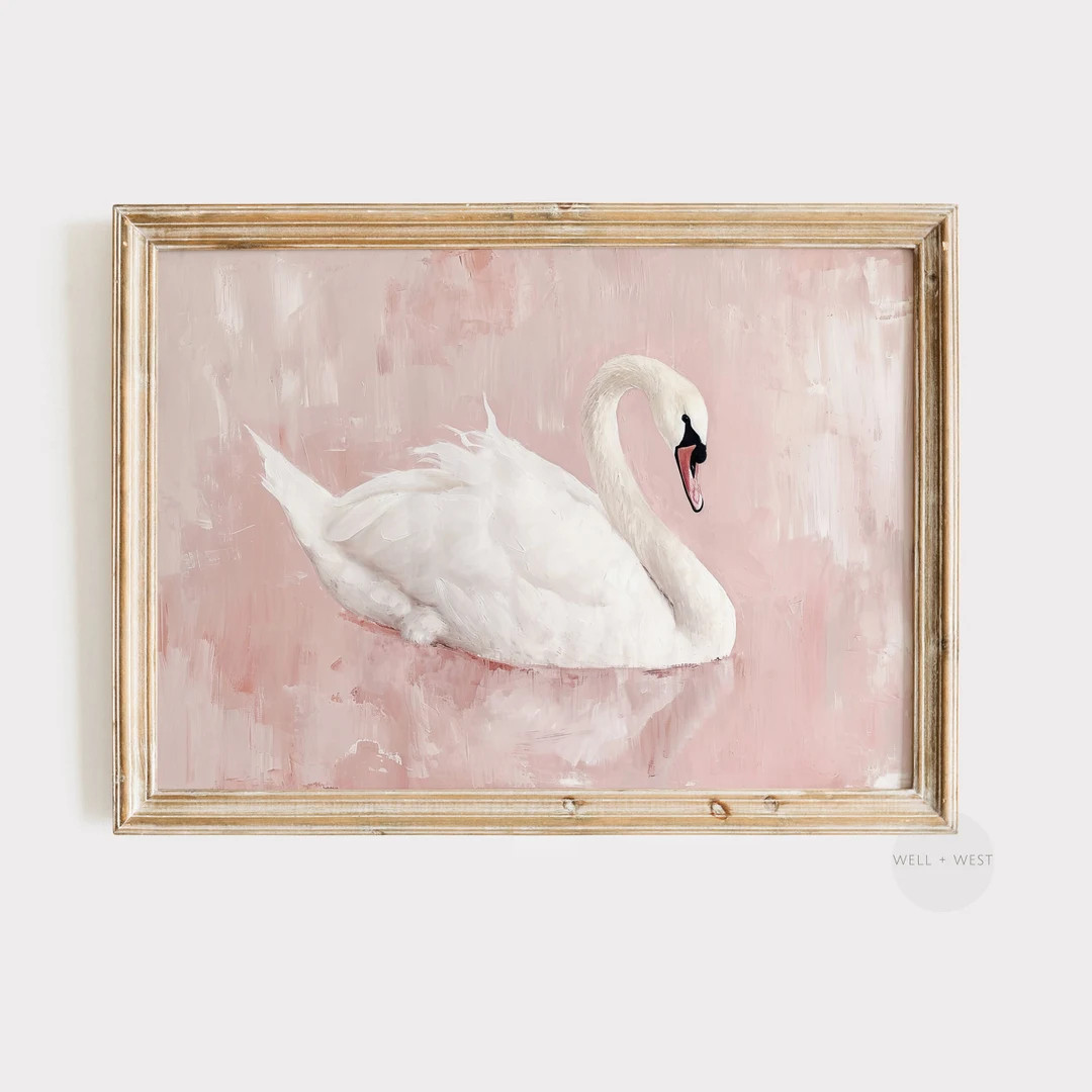Swan Art Printable White Swan Vintage Painting Pastel Blush Pink Artwork Girl Nursery Decor P085 ... | Etsy (US)