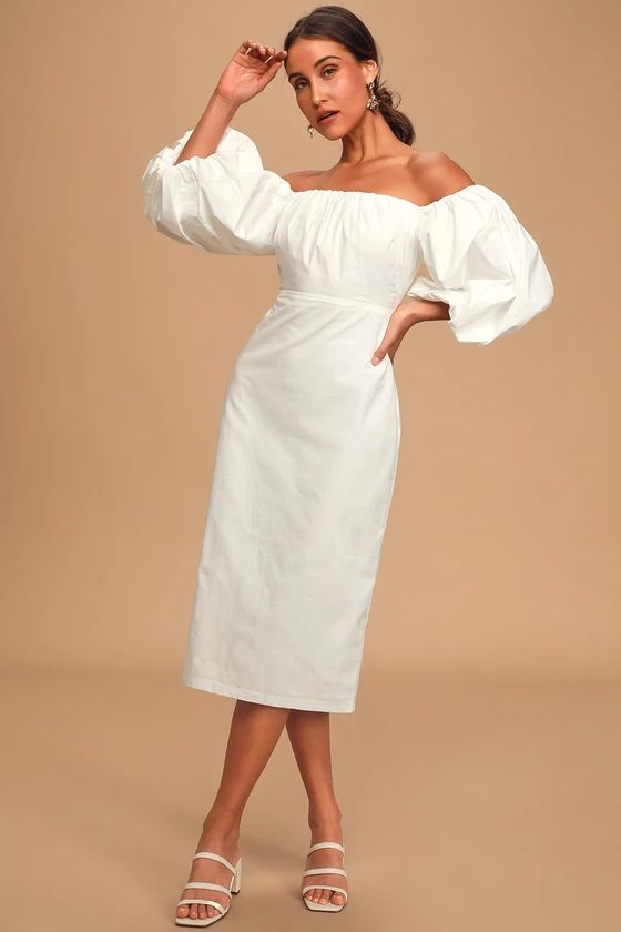 Feel the Love White Off-the-Shoulder Puff Sleeve Midi Dress | Lulus (US)