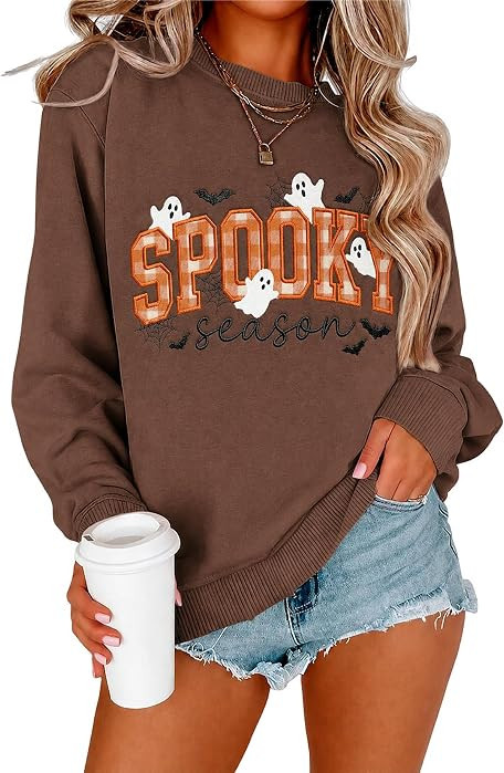 TAIUICY Women Spooky Season Sweatshirt Vintage Halloween Graphic Embroidered Pullover Cute Ghost ... | Amazon (US)