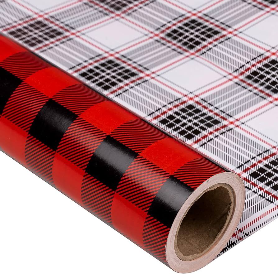 MAYPLUSS Christmas Reversible Wrapping Paper - Mini Roll - 17 Inch X 32.8 Feet - Red Black Buffal... | Amazon (US)