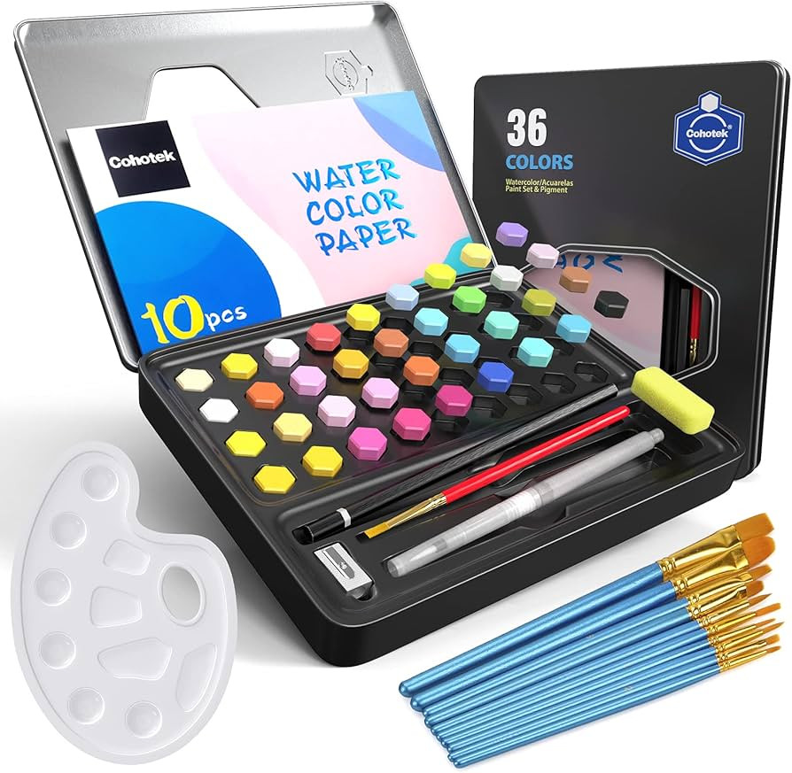 Watercolor Paint Set with 36 Vivid Colors, Cohotek Travel Water Color Set with Artist Brushes, Wa... | Amazon (US)