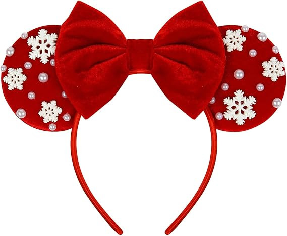 Christmas Mouse Ears Headbands for Women Velvet Mouse ear Headband Pearl Snowflakes Hair Accessor... | Amazon (US)