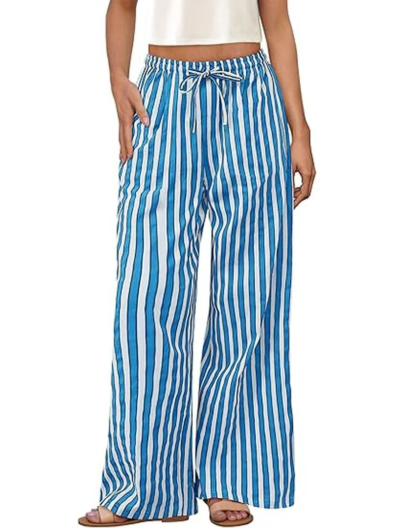 PRETTYGARDEN Women's Wide Leg Lounge Pants Summer Drawstring Elastic Waist Comfy Striped Pajama B... | Walmart (US)