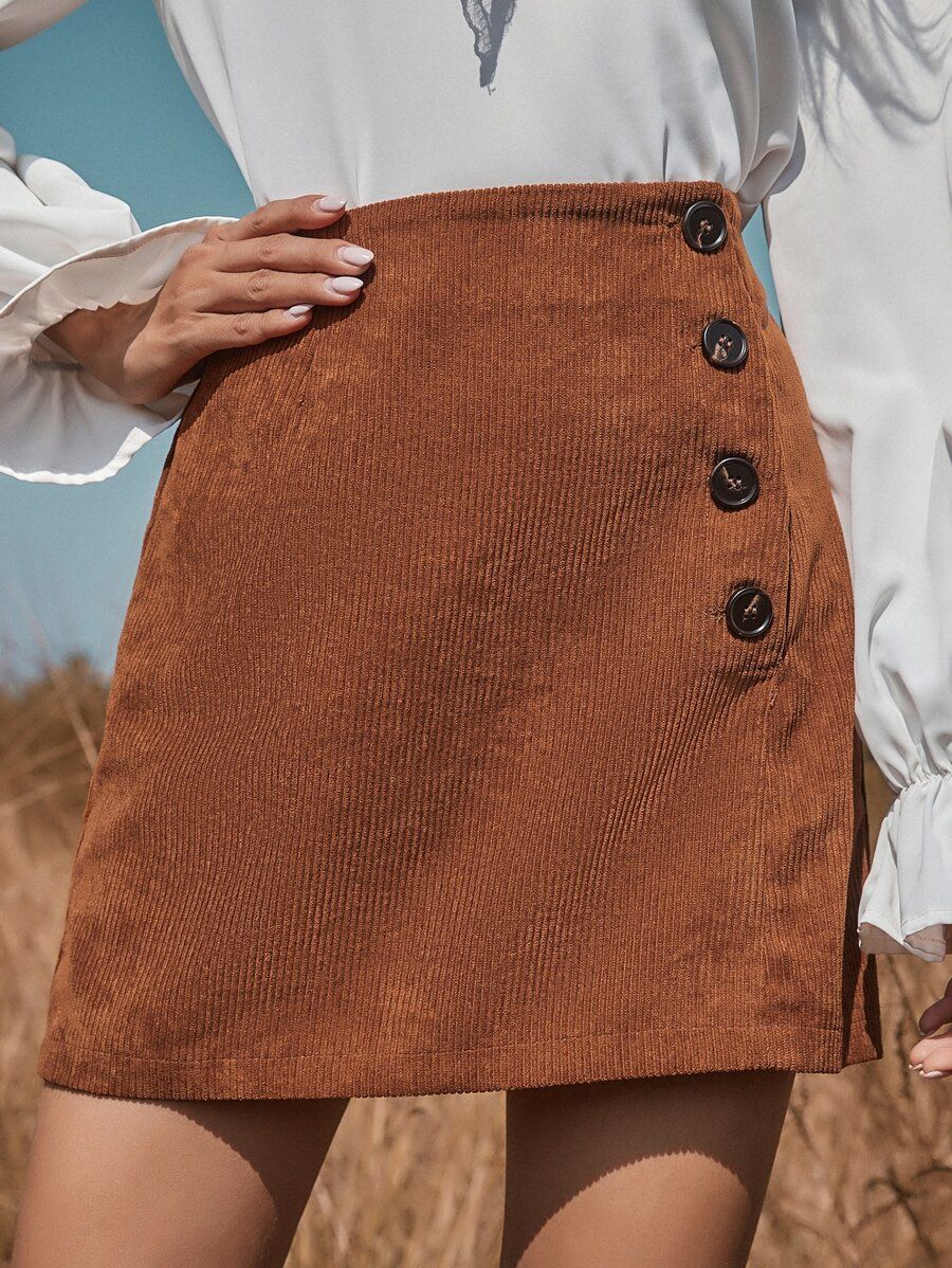 Button Front Corduroy Straight Skirt | SHEIN
