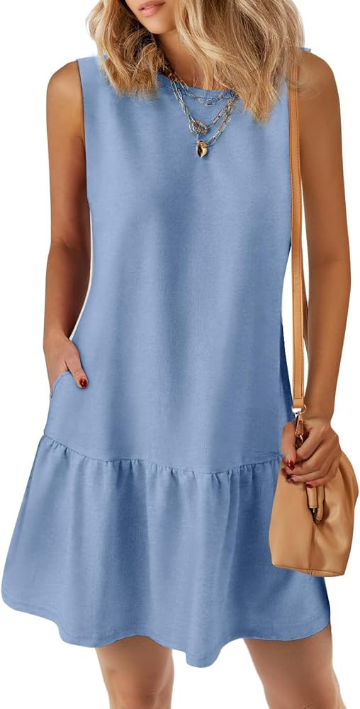 PRETTYGARDEN Casual Short Summer Dresses for Women 2025 Sleeveless Crewneck Cute Ruffle Loose Vac... | Amazon (US)