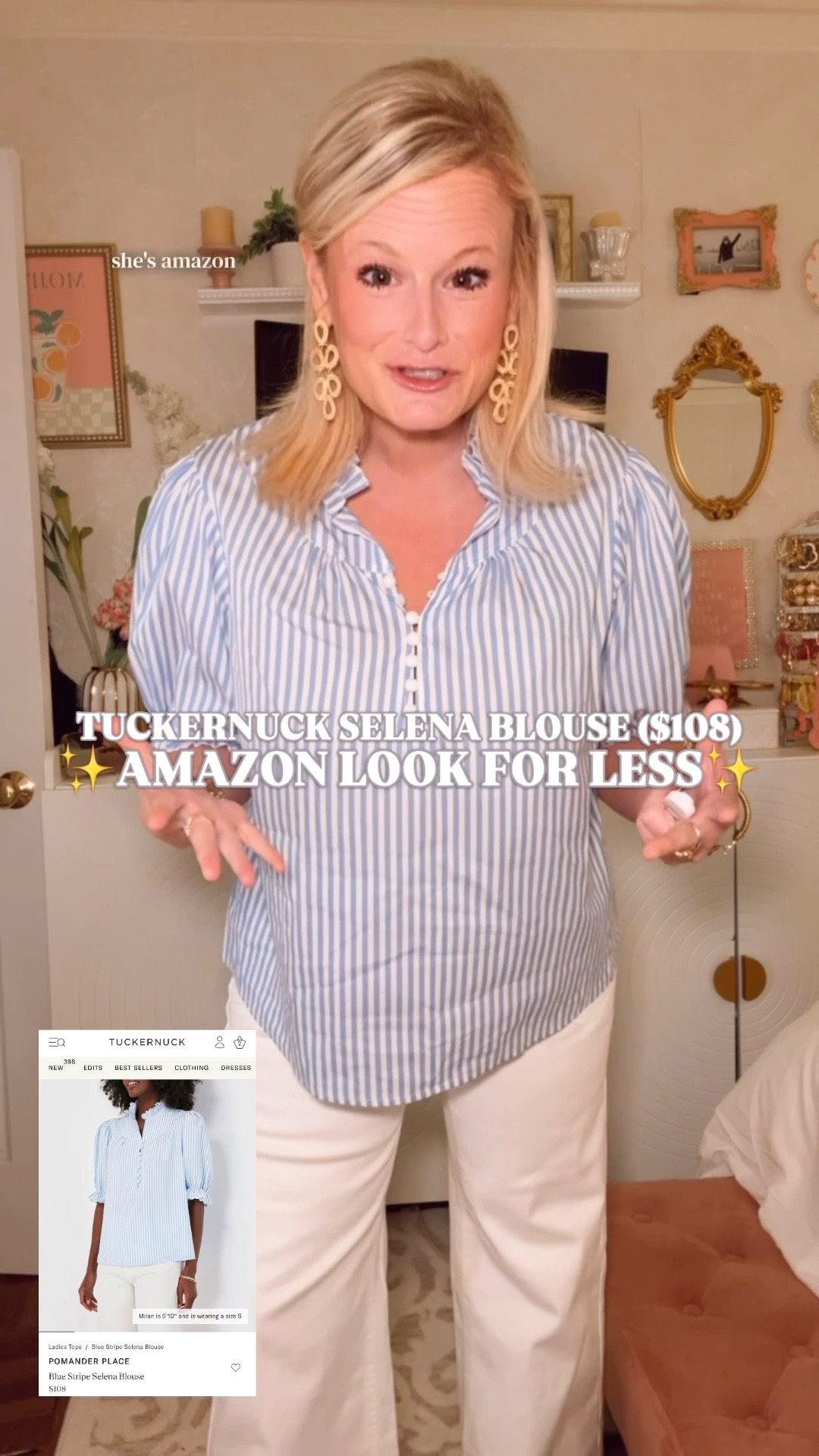 Tuckernuck Selena Blouse look for less | ruffle collar blouse women | puff sleeve blouse women | blue stripe blouse | Amazon fashion finds | spring blouse women | work blouse women | Tuckernuck dupe

The Tuckernuck Selena Blouse retails for $108. This one is on Amazon for a fraction of that.

The ruffle collar. The puff sleeve with the scalloped cuff. The blue and white stripe. The relaxed button front silhouette that drapes smoothly and works for every occasion on your spring calendar.

I am in a medium. Runs true to size. Four colors available. 

✔️ Ruffle collar puff sleeve silhouette
✔️ Blue and white stripe
✔️ Scalloped sleeve cuffs
✔️ Relaxed button front fit
✔️ Lightweight breathable fabric

What makes this sell out:
	∙	The ruffle collar reads designer, not Amazon
	∙	Works tucked into trousers on Monday and with white jeans on Saturday
	∙	Tuckernuck Selena energy at a price point that makes complete sense

If you are searching for:
Tuckernuck look for less
Tuckernuck Selena dupe
ruffle collar blouse women
puff sleeve blouse spring
blue stripe blouse women
work blouse women
work outfit women
teacher outfit women
business casual blouse
spring blouse women
spring outfits 2026
Amazon fashion finds
This is the one.

Tuckernuck look for less, Tuckernuck Selena dupe, Tuckernuck blouse dupe, ruffle collar blouse women, puff sleeve blouse women, scalloped cuff blouse, blue stripe blouse, stripe blouse women, work blouse women, work outfit women, work outfits women, teacher outfit women, teacher blouse, business casual blouse, business casual outfit women, spring blouse women, spring top women, spring outfits, spring outfits 2026, spring outfit women, feminine blouse women, preppy blouse women, preppy spring outfit, Amazon fashion finds, Amazon blouse women, affordable spring blouse, designer look for less

#LTKFindsUnder50 #Tuckernuck #LookForLess #SpringBlouse #WorkOutfit #TeacherOutfit #SpringOutfit #WorkTop #WorkPants 

#LTKootd #LTKWorkwear #LTKSeasonal