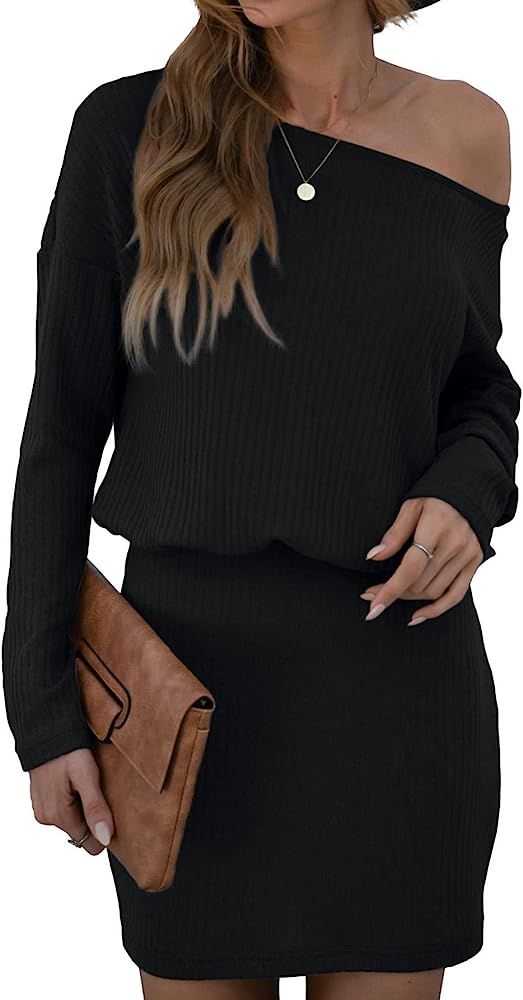 LYANER Women's Sexy Off Shoulder Ribbed Knit Elastic Waist Long Sleeve Mini Dress | Amazon (US)