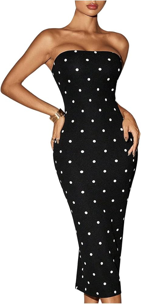 WDIRARA Women's Polka Dots Strapless Tube Dress Cocktail Party Bodycon Midi Dresses | Amazon (US)