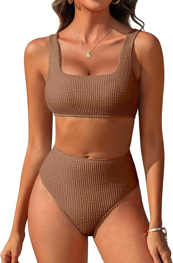 ANRABESS Women’ Two Piece Bikini Sets， High Waist Square Neck Swimsuits ，Ribbed Textured Co... | Amazon (US)
