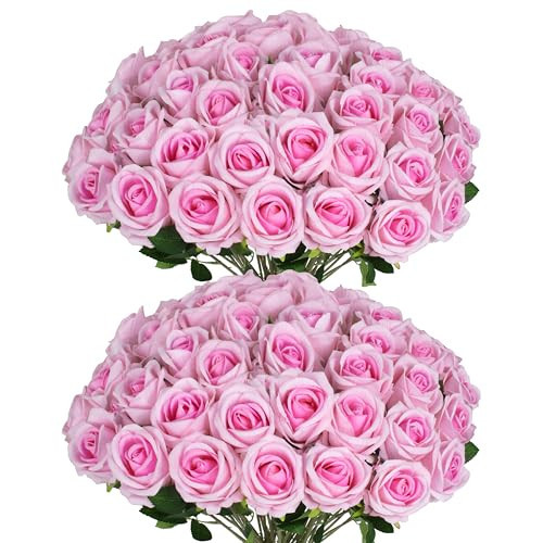 50 PCS Fake Pink Roses, Artificial Flowers Bulk, Realistic Silk Faux Roses | Amazon (US)