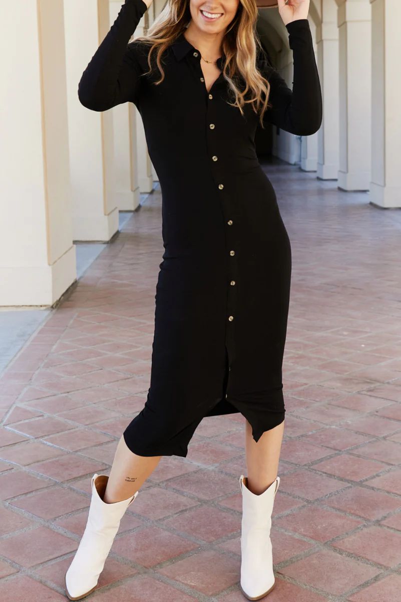 'Valena' Button Down Collared Long Sleeve Dress | Goodnight Macaroon