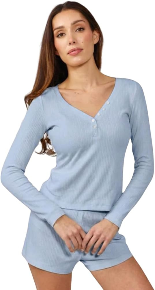 Almere Pointelle Pajama Set for Women, Long Sleeve and Shorts, Soft Sleepwear, Matching Nightwear | Amazon (US)