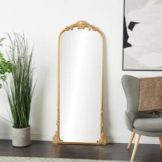 30 in. W x 66 in. H Gold Metal Polished Tall Ornate Arched Baroque Floor Mirror | The Home Depot