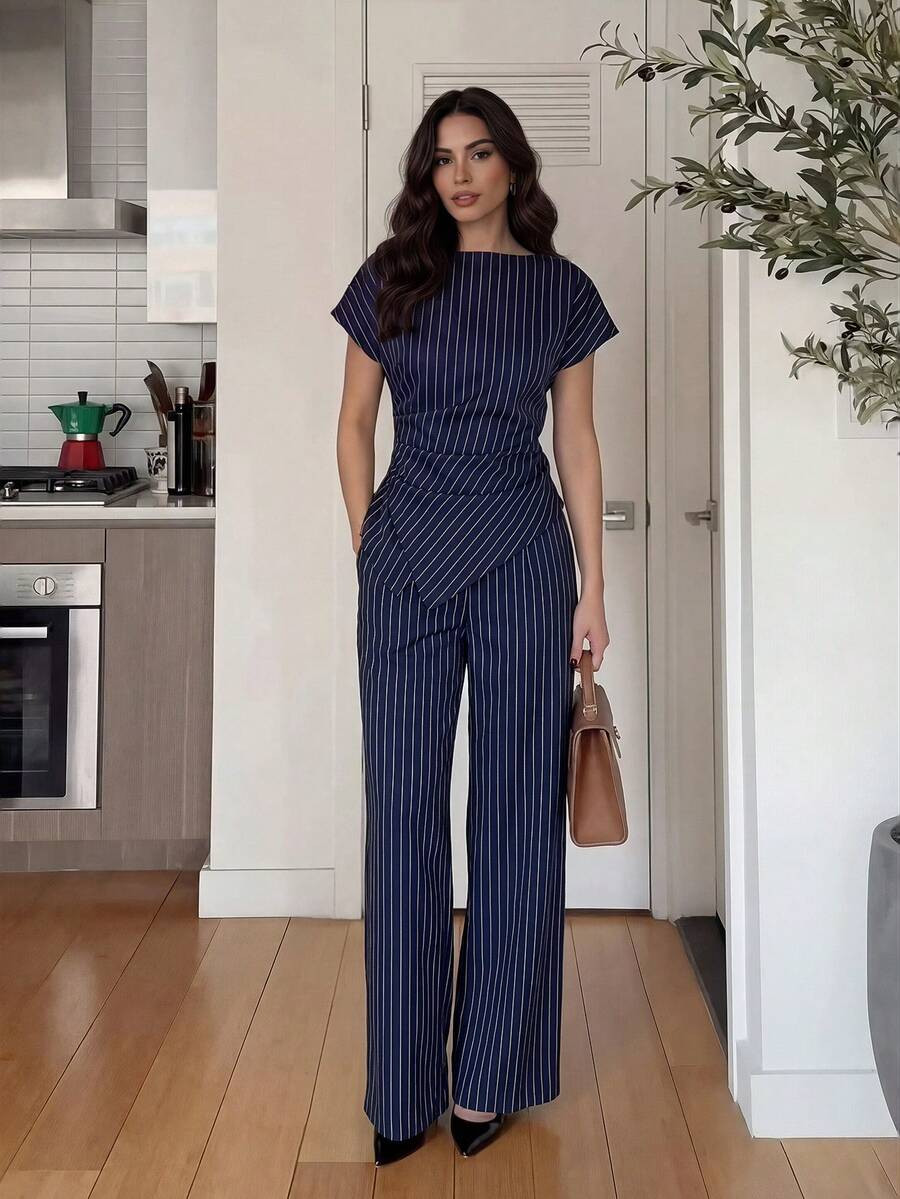 Firerie Women's Casual Elegant Plaid Asymmetric Hem Shirt And Wide Leg Pants 2 Pieces Set, Stripe... | SHEIN