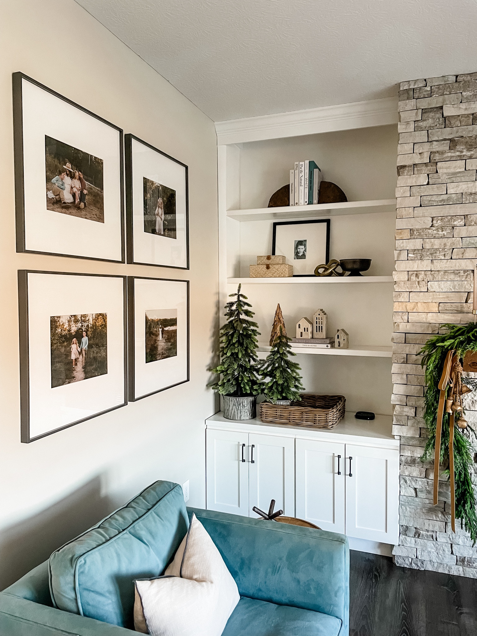 Home decor, Christmas decor, neutral decor, book shelves, shelf styling, gallery frames, faux trees, basket, books, bookends, frame, box, Target finds, Amazon finds, decorative accents, fireplace, living room

#LTKhome #LTKSeasonal #LTKHoliday