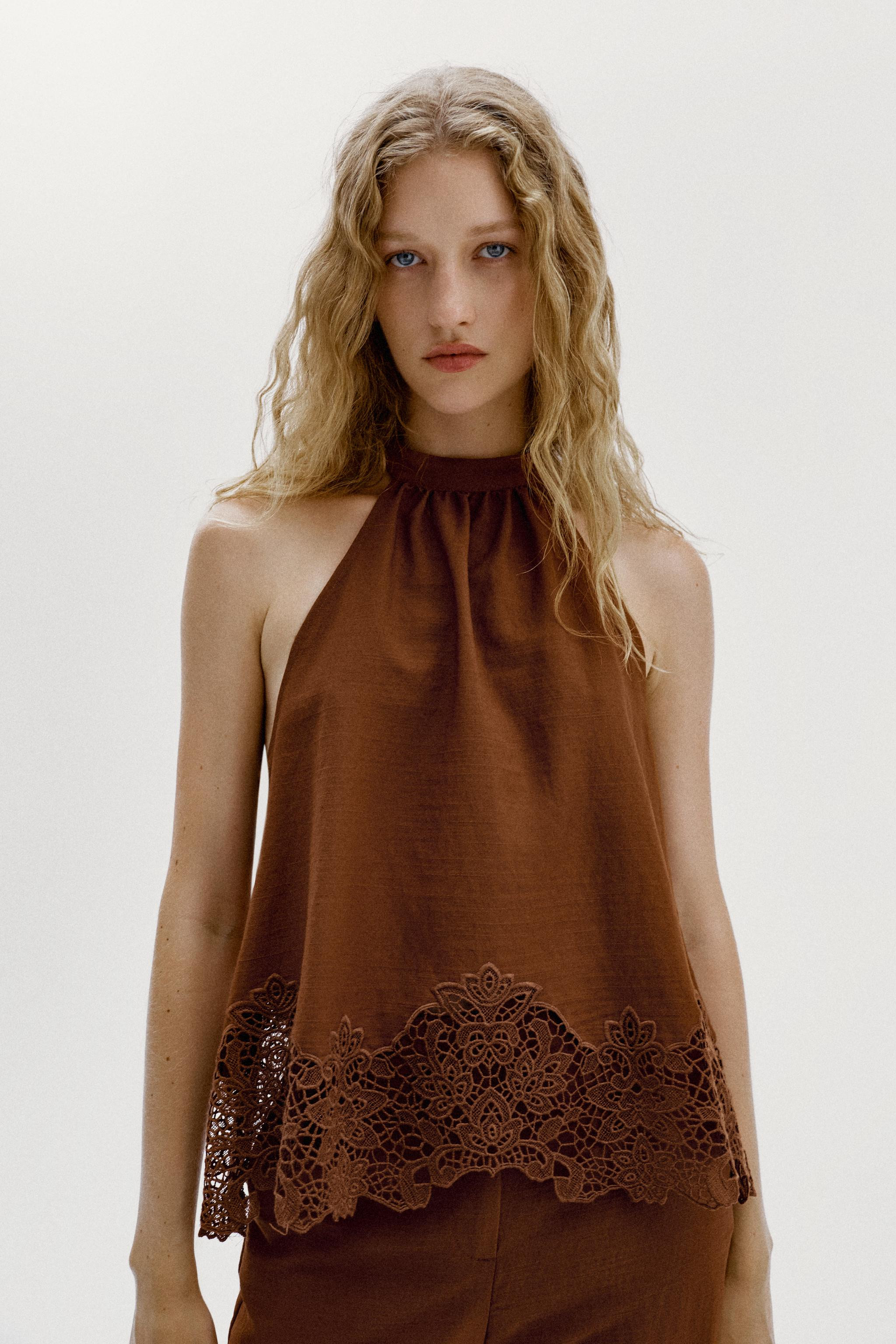 EMBROIDERED EYELET HALTER TOP | Zara US