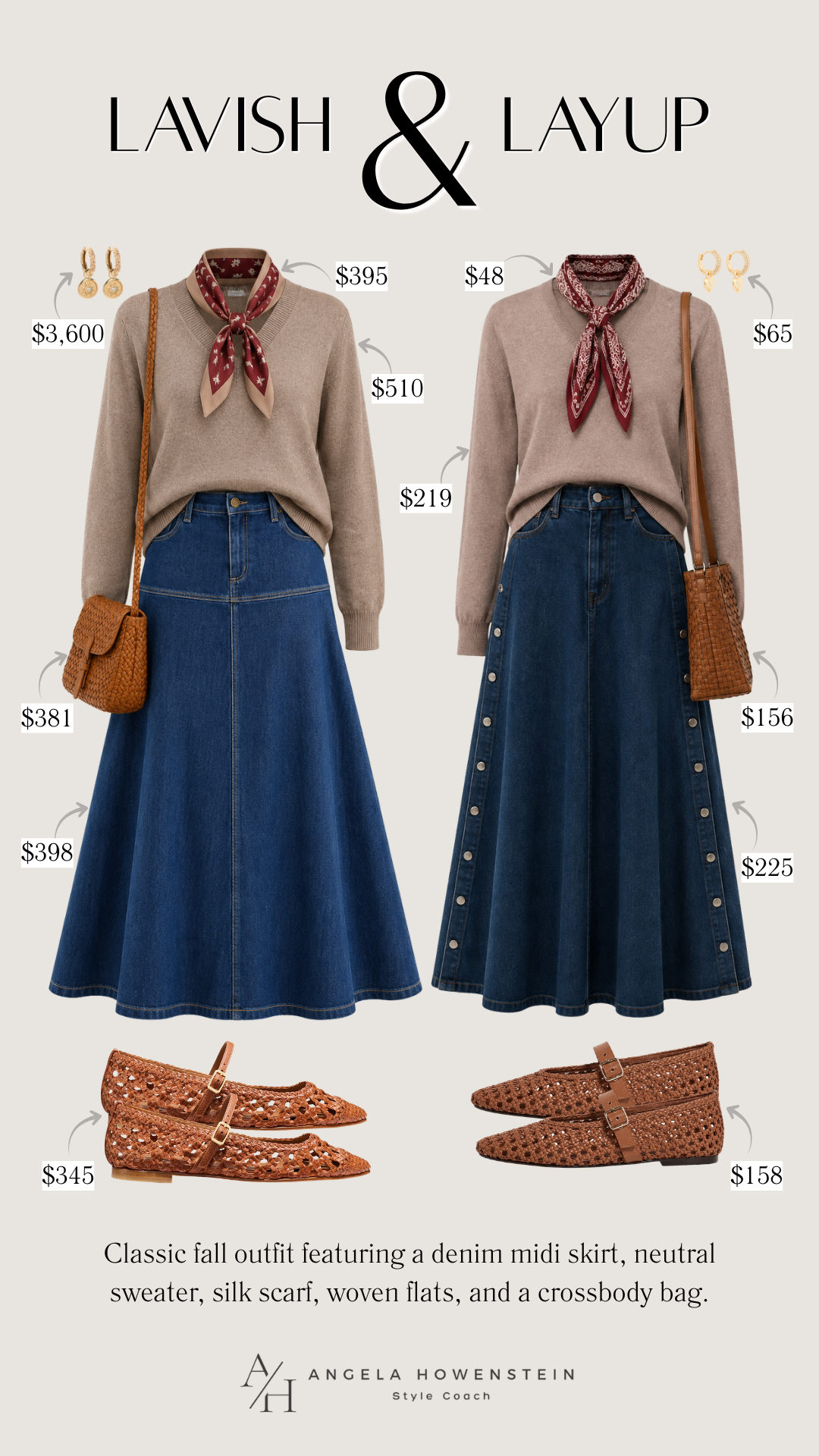 Whether you choose the splurge or the save, this combination is a timeless fall favorite. A soft neutral sweater, denim midi skirt, silk scarf, and woven flats create an effortlessly polished look that’s perfect for lunch with friends, weekend shopping, casual Fridays, or a day of sightseeing while traveling.

👩‍💻 LTK PRO TIPS
❤️ Heart = Support my posts ;-)
🔖 Save = Get sale & restock alerts for the things you love!
📋 Lists = Keep favorites organized (List ideas: Christmas, Birthdays, and Vacations!)
📲 Share = Send lists and products to a friend (or your daughters like me).
💬 Comment = Ask me anything, and I’ll answer. ;-) 

 #LTKootd #LTKSeasonal #LTKOver40