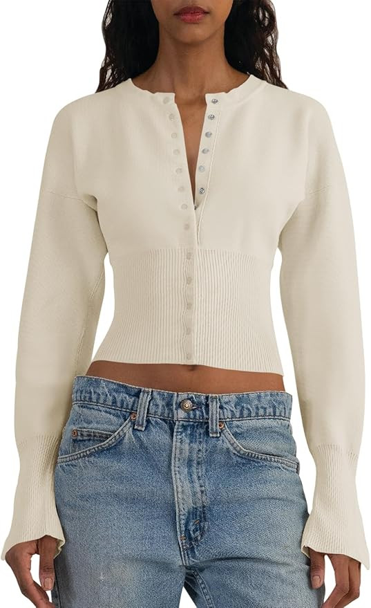 Saodimallsu Womens Cropped Sweaters Button Down Long Sleeve V Neck Ribbed Knit Slim Fit Pullover ... | Amazon (US)