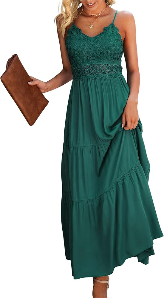 Dokuritu Women's Beach Crochet Lace Maxi Dress Solid Color Summer Spaghetti Strap Long Dress | Amazon (US)