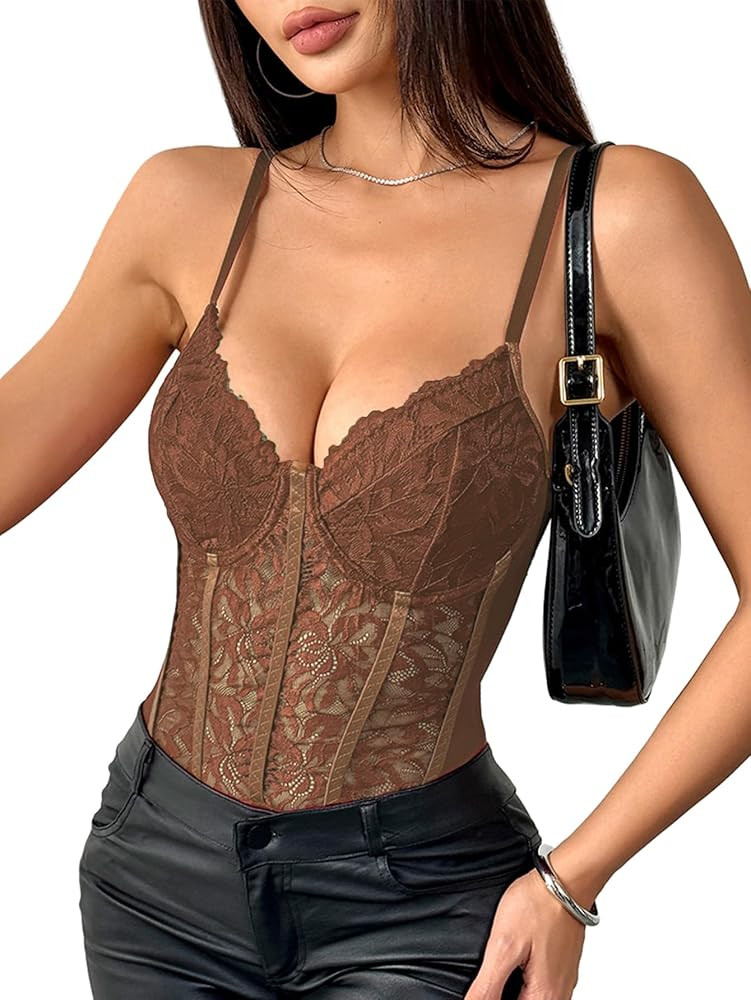 Lilosy Sexy Mesh Sheer Floral Lace Corset Lingerie Bodysuit Bustier Cami Top | Amazon (US)