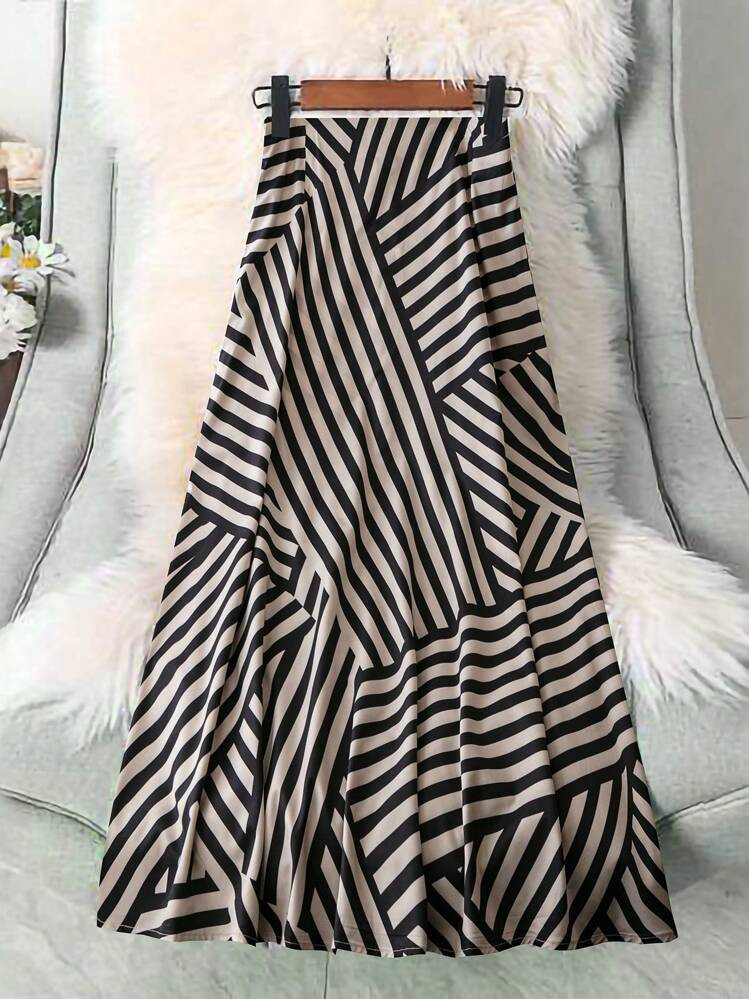 SHEIN LUNE Women's Spring/Summer Black & Beige Striped Patchwork Print Comfortable Loose A-Line Versatile Slimming Long Skirt | SHEIN