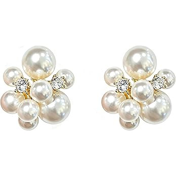 Pearl Cluster Earrings for Women,Small White Pearl Stud Earrings,Aesthetic Rhinestone Bead Stud E... | Amazon (US)