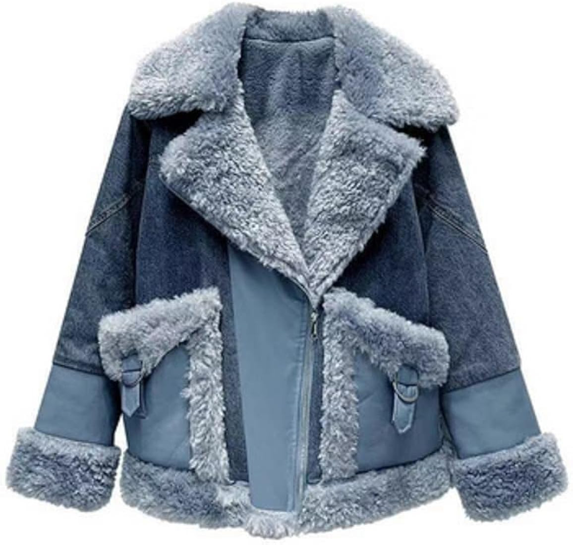 Lamb Wool Stitching Denim Jacket Winter Coats Women's Clothing Loose Plus Fleece Jackets Outerwear | Amazon (US)