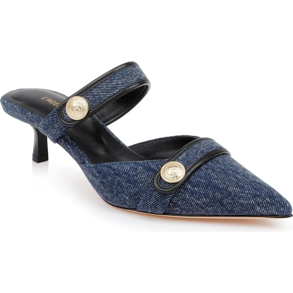 L'AGENCE Gilliane Mary Jane Pointed Toe Kitten Heel Mule in Dark Denim at Nordstrom, Size 11 | Nordstrom