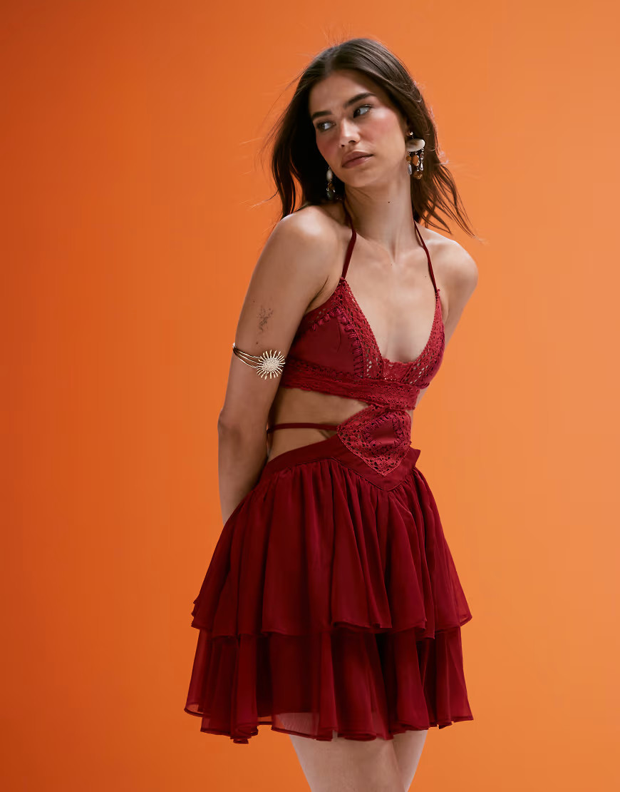 ASOS DESIGN crochet and faux suede bust cut-out mini dress with tiered skirt in deep pink | ASOS (Global)