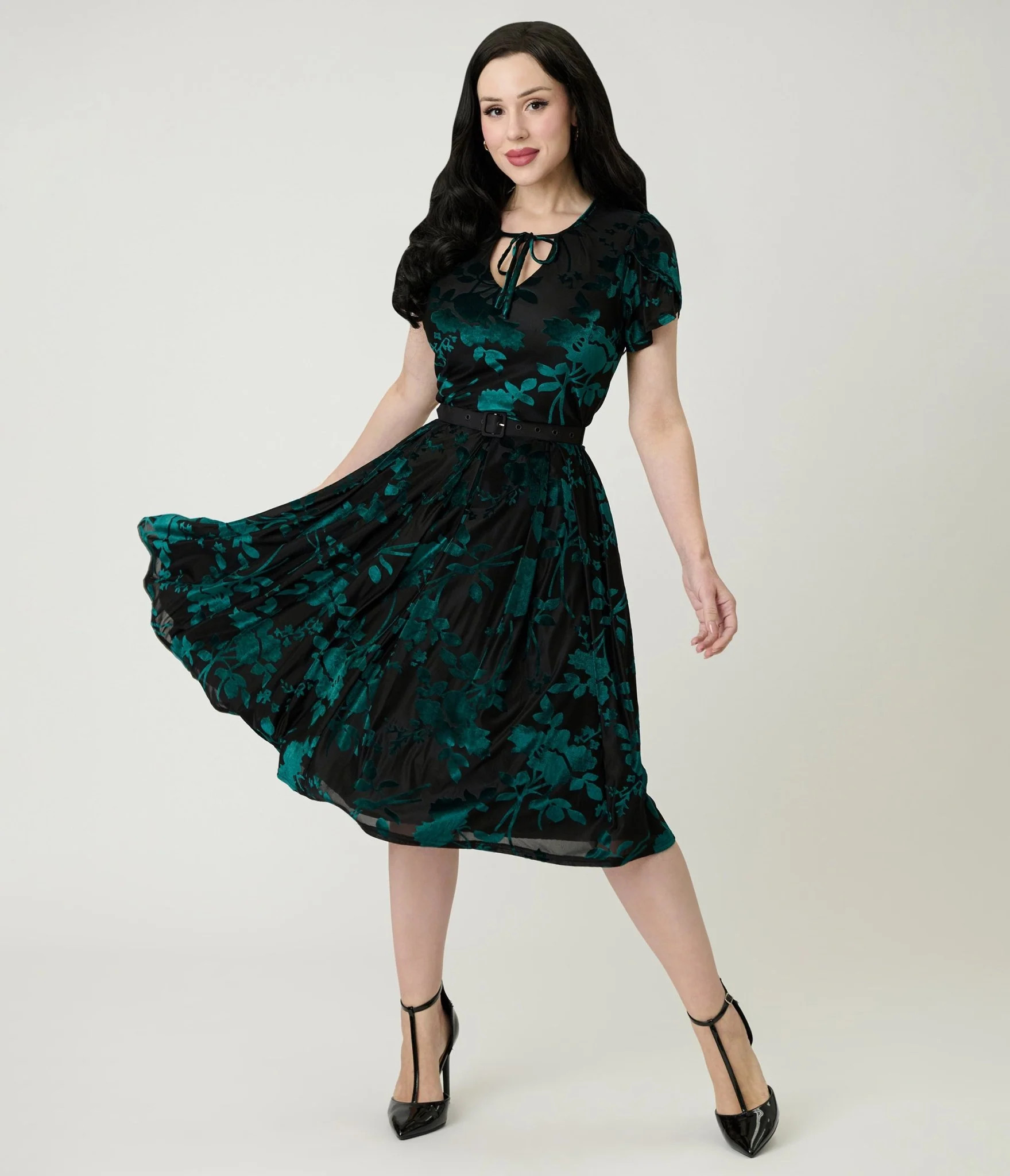 Unique Vintage Teal Floral Velvet Burnout Dahlia Swing Dress | Unique Vintage - North America