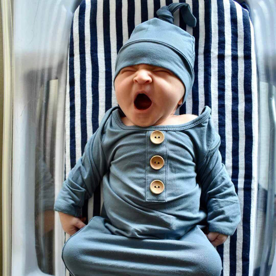 Solid Dusty Blue Bamboo Baby Knot Gown & Hat | Caden Lane