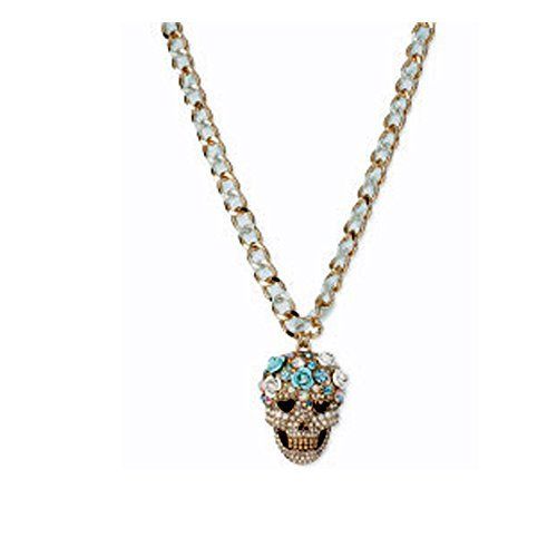 Betsey Johnson - Rhinestone Sugar Skull Necklace - Blue Ribbon Accent on Chain | Amazon (US)